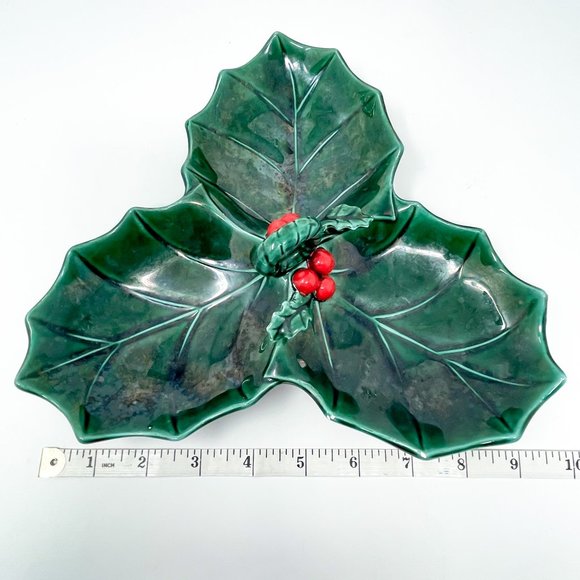 Vintage Lefton Relish Dish #1351 Christmas Green Holly Divided Handled MCM - Picture 6 of 6